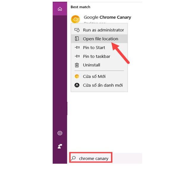 Mở StartMenu tìm kiếm Google Chrome Canary